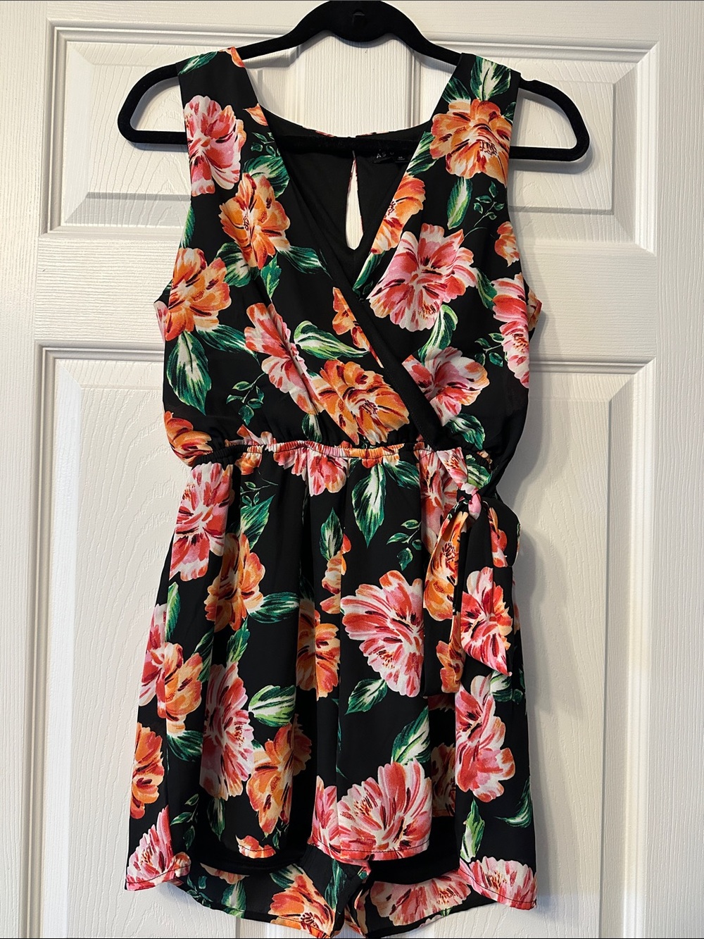 As U Wish Black Floral Wrap Romper with Pink & Orange Blooms